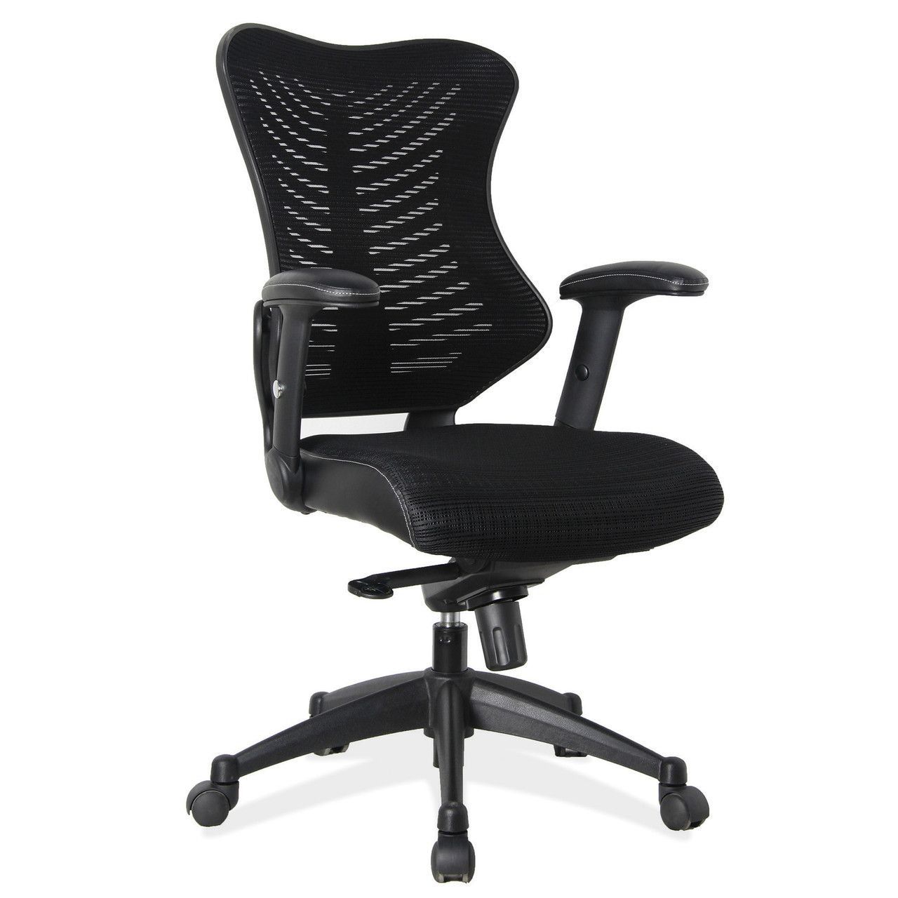 Black mesh-backed office chair with adjustable armrests and a padded seat.