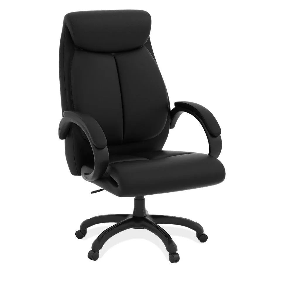 Black office chair with padded seat, back, armrests, and headrest; five-star base with casters.