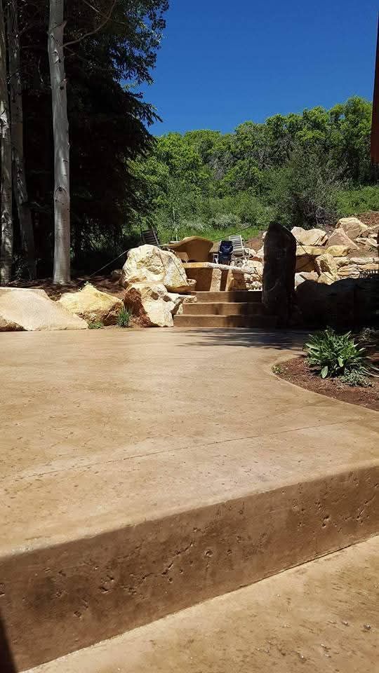 A concrete walkway with stairs leading up to a lush green forest.