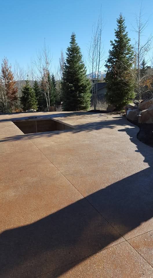 A patio with a pool and trees in the background.