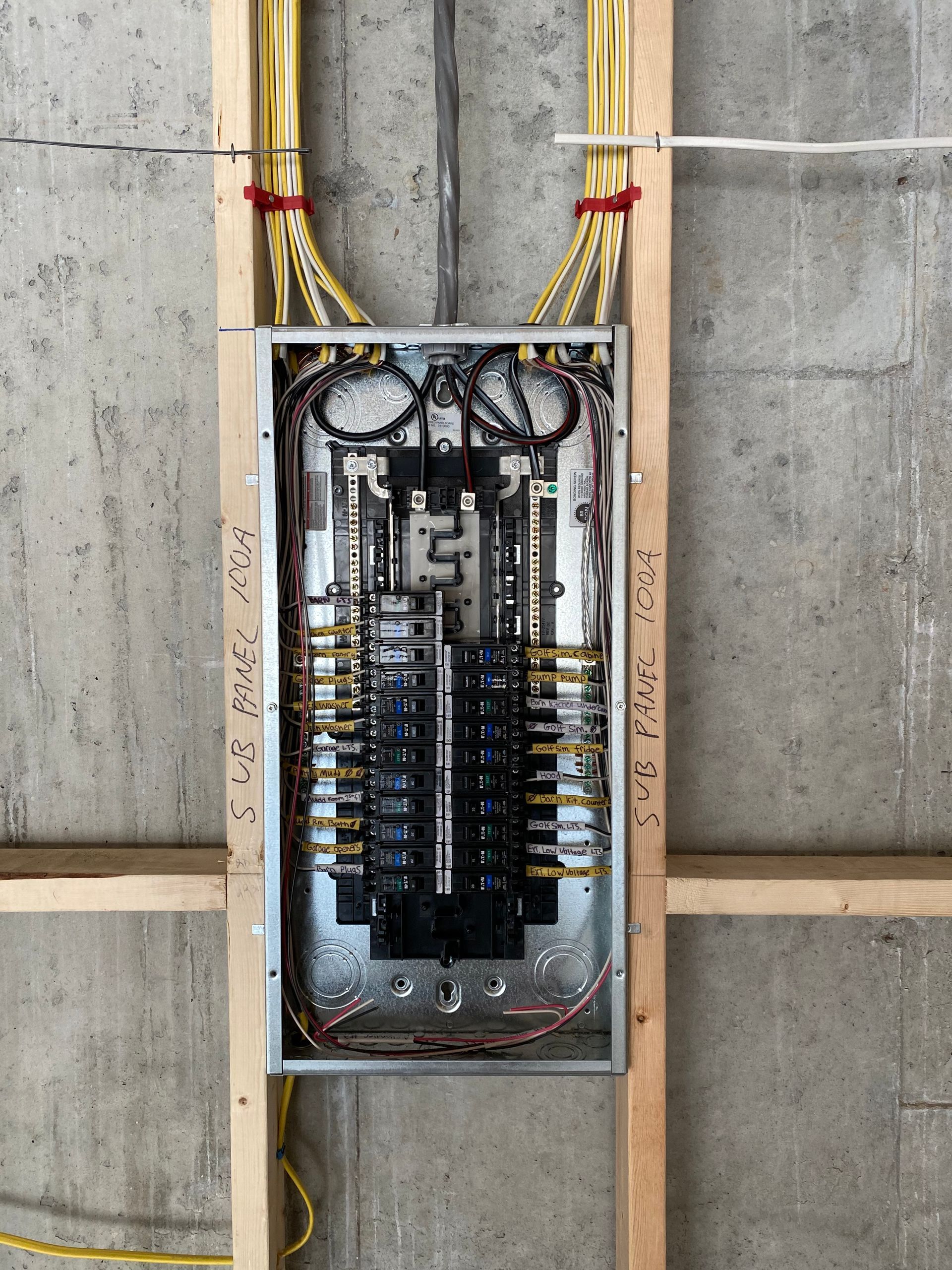 Electrical panel mounted on wooden studs, with bundled yellow wires and breakers installed.