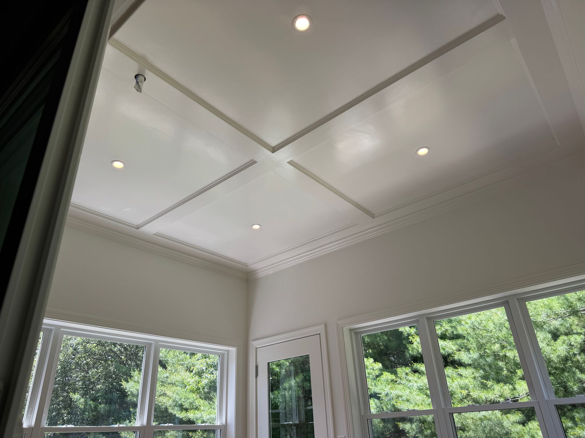 White coffered ceiling with recessed lights, crown molding, and windows looking out to trees.