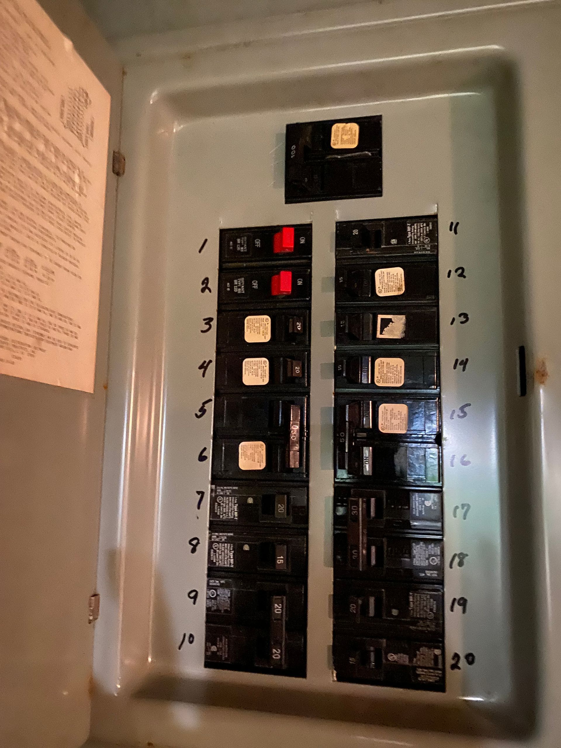 Electrical panel with red tripped breakers.