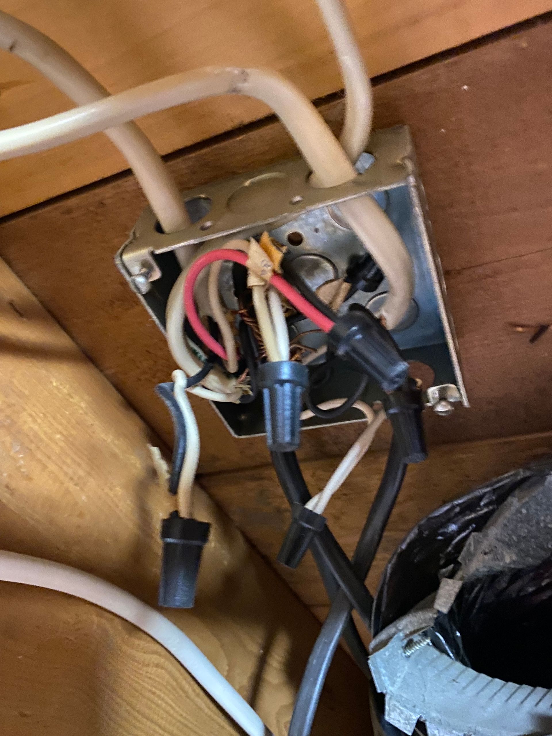 Electrical junction box with multiple wires, wire connectors, and conduit, against wooden background.