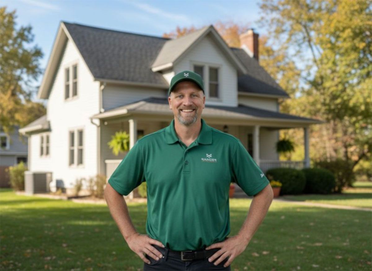Man in green polo and cap stands smiling in front of a white house with a porch and lawn.