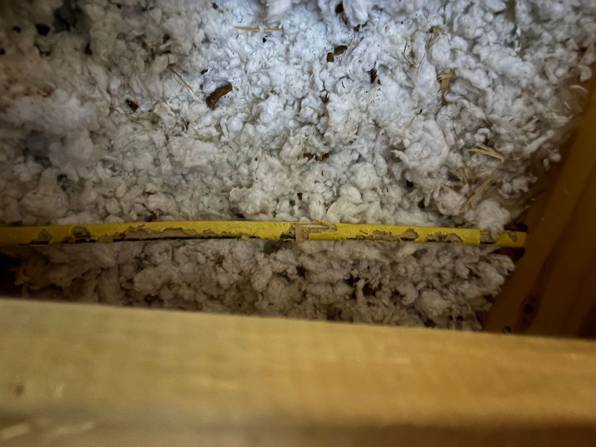 Yellow wire running through white insulation in an attic space