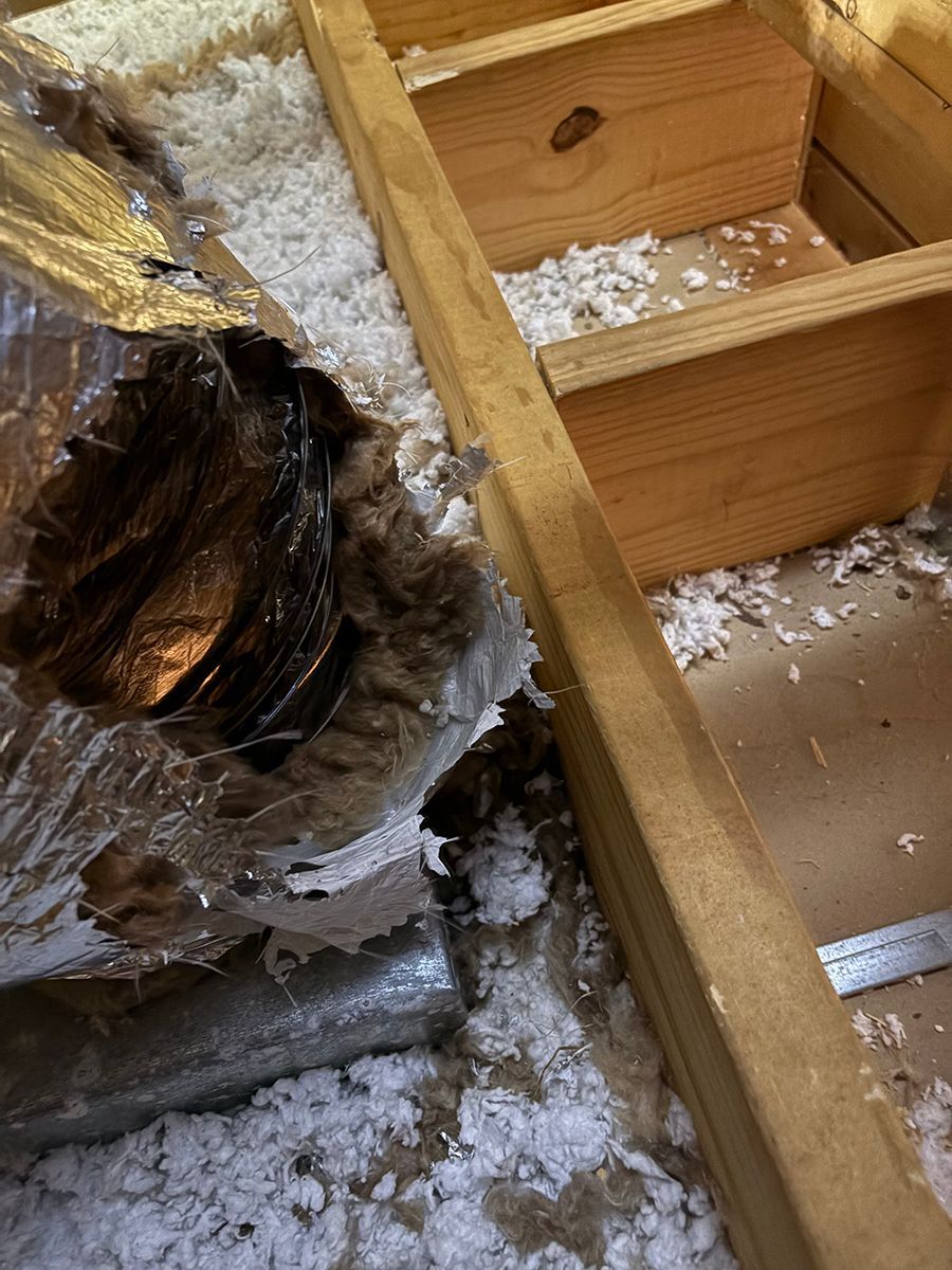 Damaged attic insulation and exposed wood framing with debris scattered around a hole in the roof.