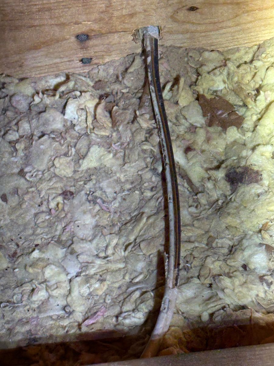 Damaged wall with exposed insulation and a hanging electrical cable near a wooden beam