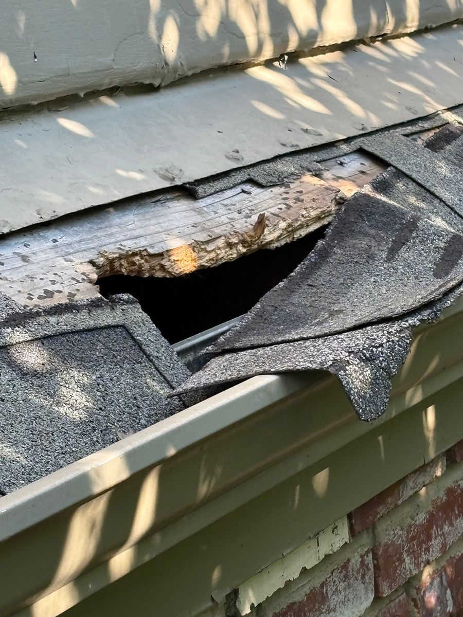 Damaged roof shingles with a large hole exposing wood and underlayment