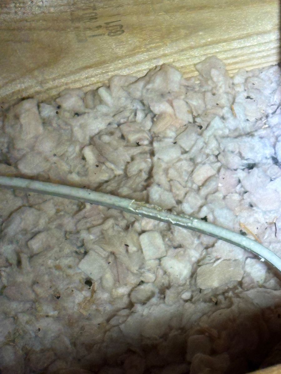 White insulation stuffing around a gray cable beneath a wooden floorboard