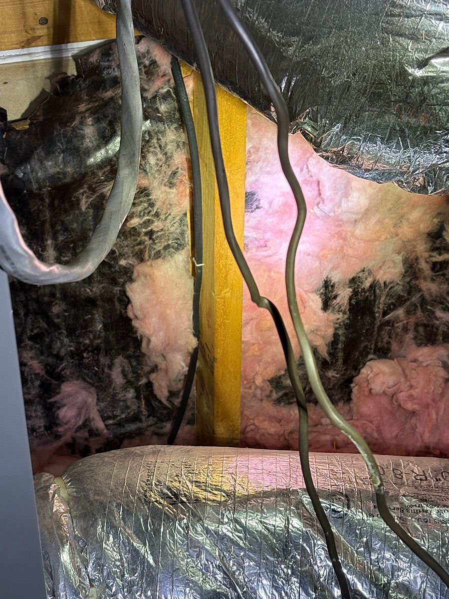Insulated attic wall cavity with pink fiberglass, yellow studs, and hanging wires