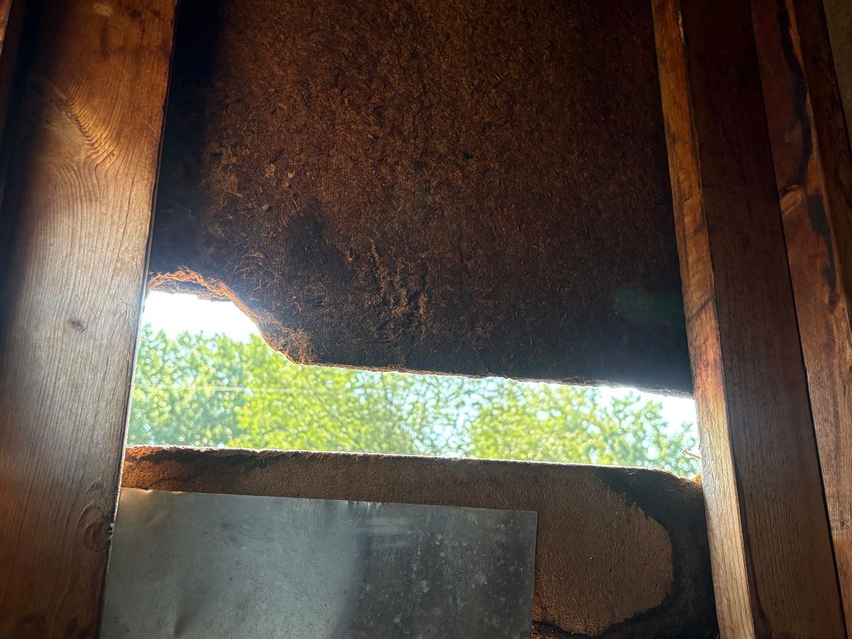View through a narrow opening of a wooden structure, with bright greenery visible outside.