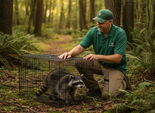 Man in green uniform kneels by a wire trap holding a raccoon in a forest path