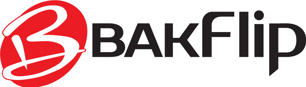 A bakflip logo with a red circle and black letters on a white background.