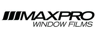 The logo for maxpro window films is black and white.