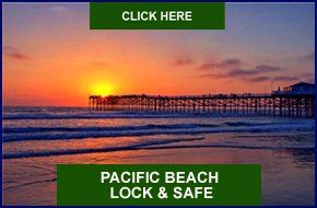 A picture of a beach with a pier in the background and a button that says pacific beach lock & safe