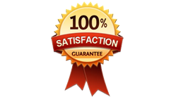 A 100 % satisfaction guarantee badge with a red ribbon
