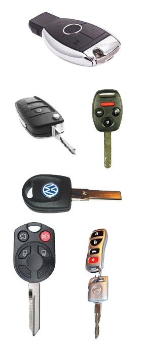 A variety of car keys are shown on a white background