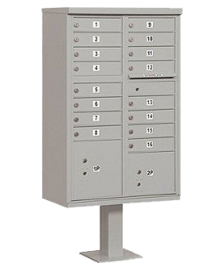 A gray mailbox with lots of drawers on a white background.