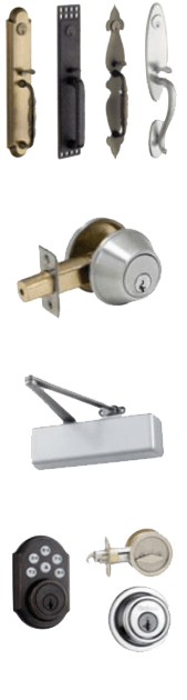 A bunch of different types of door locks on a white background