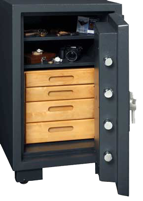 A safe with wooden drawers and a camera inside of it