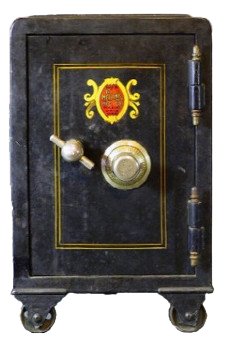 A black safe with a gold emblem on it