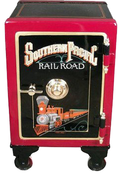 A red safe with a train on it.