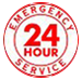 A 24 hour emergency service stamp on a white background.