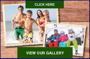 A picture of a family on the beach and a picture of a family on a ski lift.