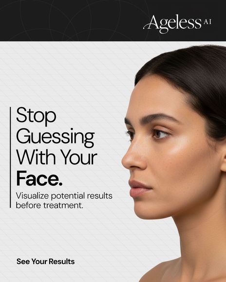 Ad for Ageless AI with woman’s profile and text: “Stop Guessing With Your Face.”