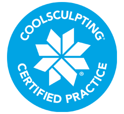 A blue circle with the words coolsculpting certified practice on it