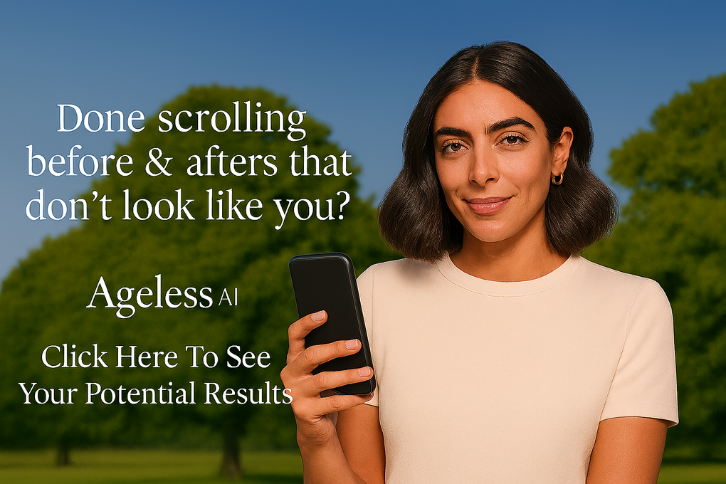 Woman holding a smartphone outdoors with text: “Done scrolling before & afters that don’t look like you?”