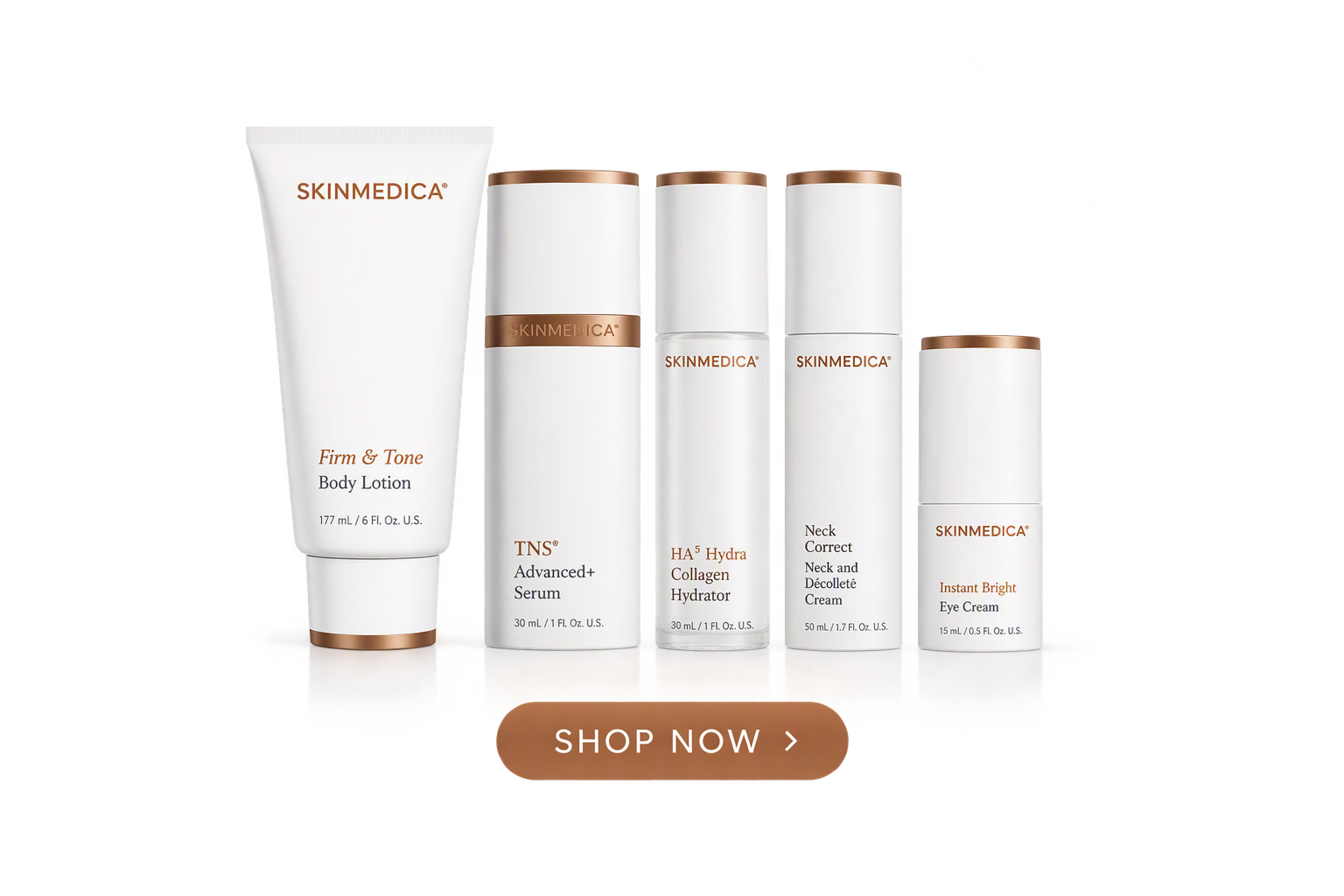 White skincare product lineup on a white background with a brown “Shop Now” button