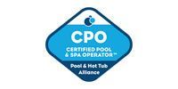 CPO Certified Pool & Spa Operator badge, light and dark blue diamond shape, white text.