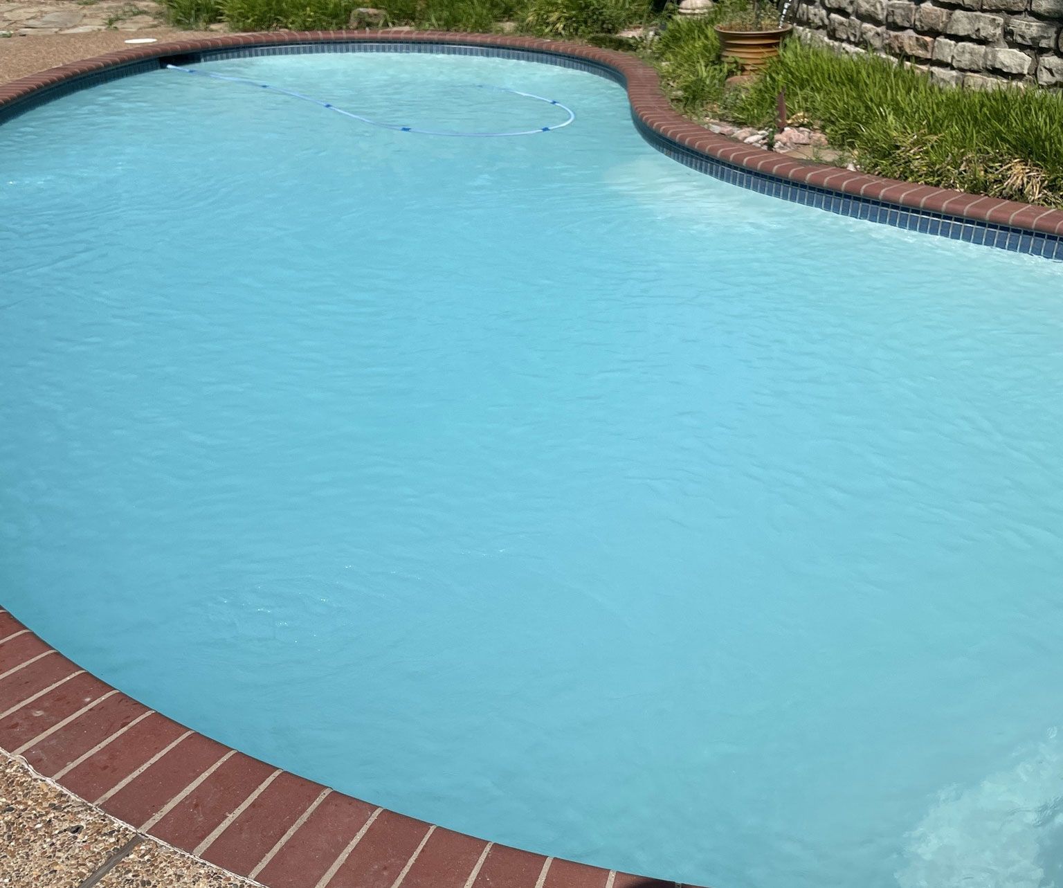 Swimming pool filled with blue water, surrounded by a red brick border and grassy area.
