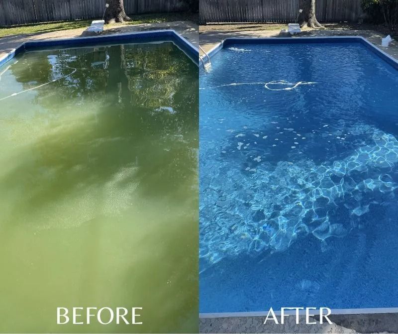 Before-and-after of a pool: Green, murky water transforms into clear, blue water.