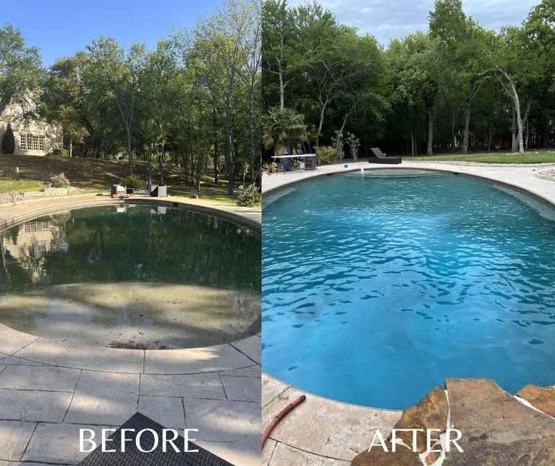 Before and after comparison of a pool. Left side, pool is murky green. Right side, the pool is clean, bright blue.