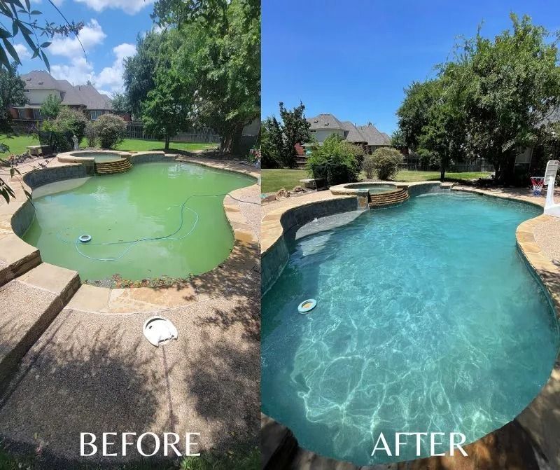 Pool before and after cleaning: green algae-filled pool transforms into clear, turquoise water.