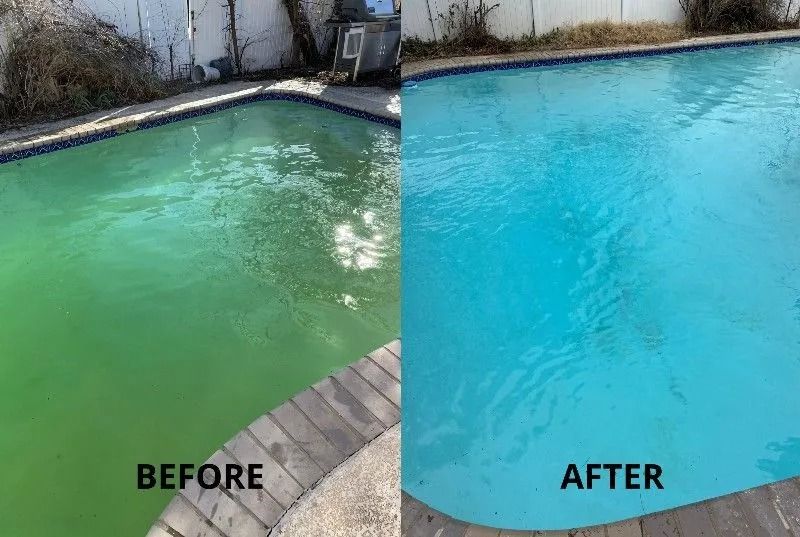 Before and after photos of a swimming pool; green murky water (before) and clear blue water (after).