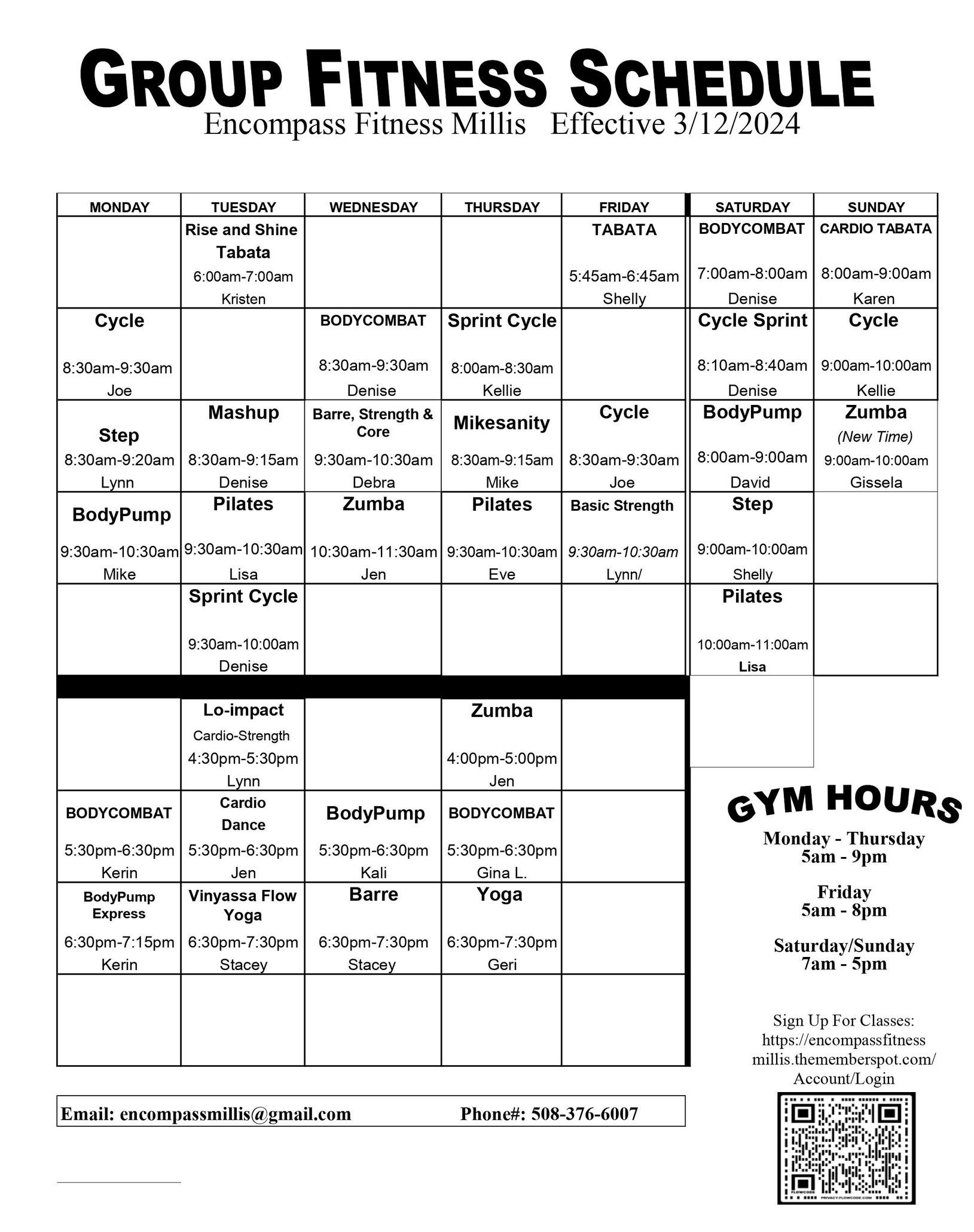 Millis Group Exercise Schedule