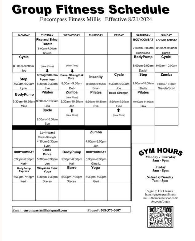 Millis Group Exercise Schedule