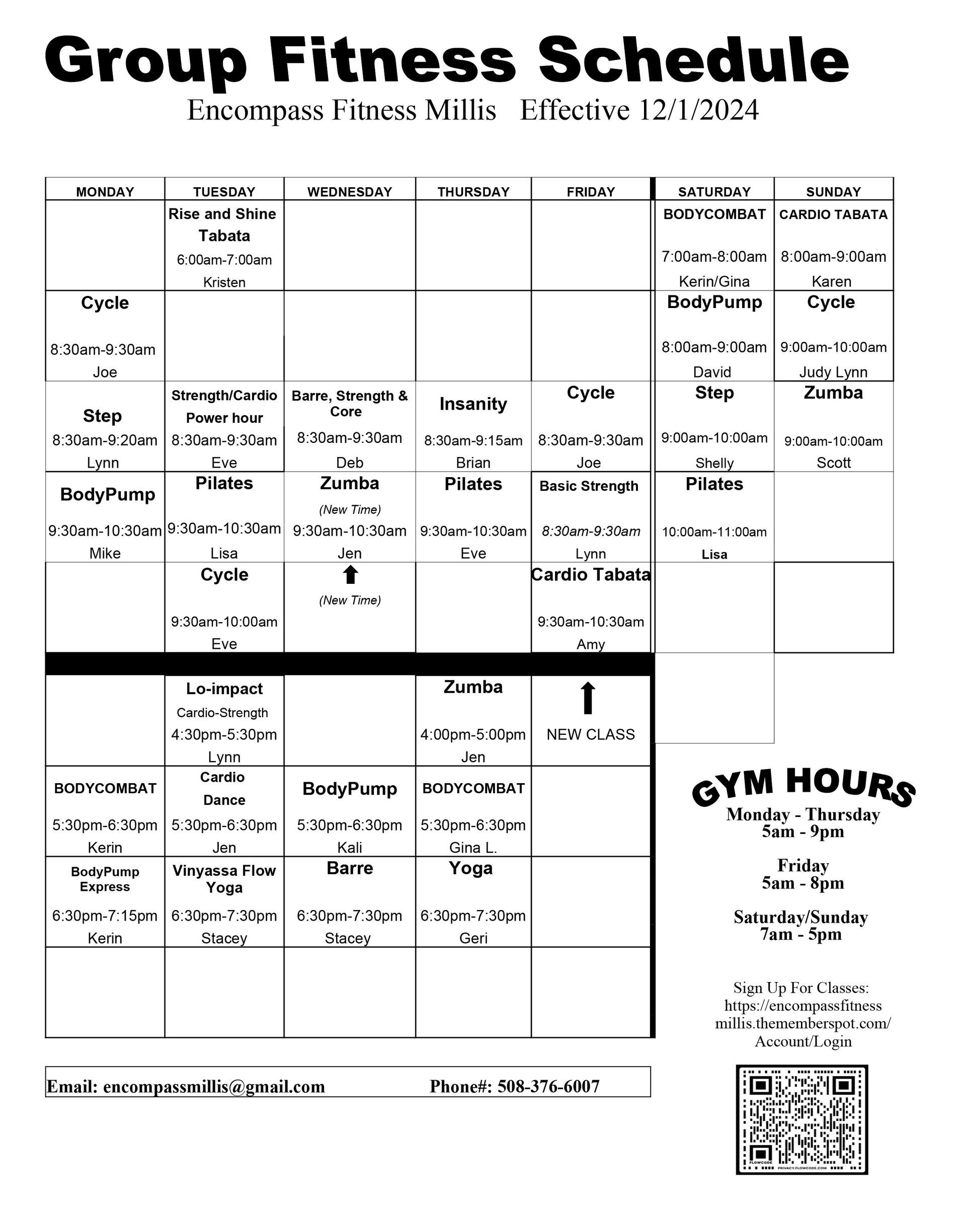 Millis Group Exercise Schedule