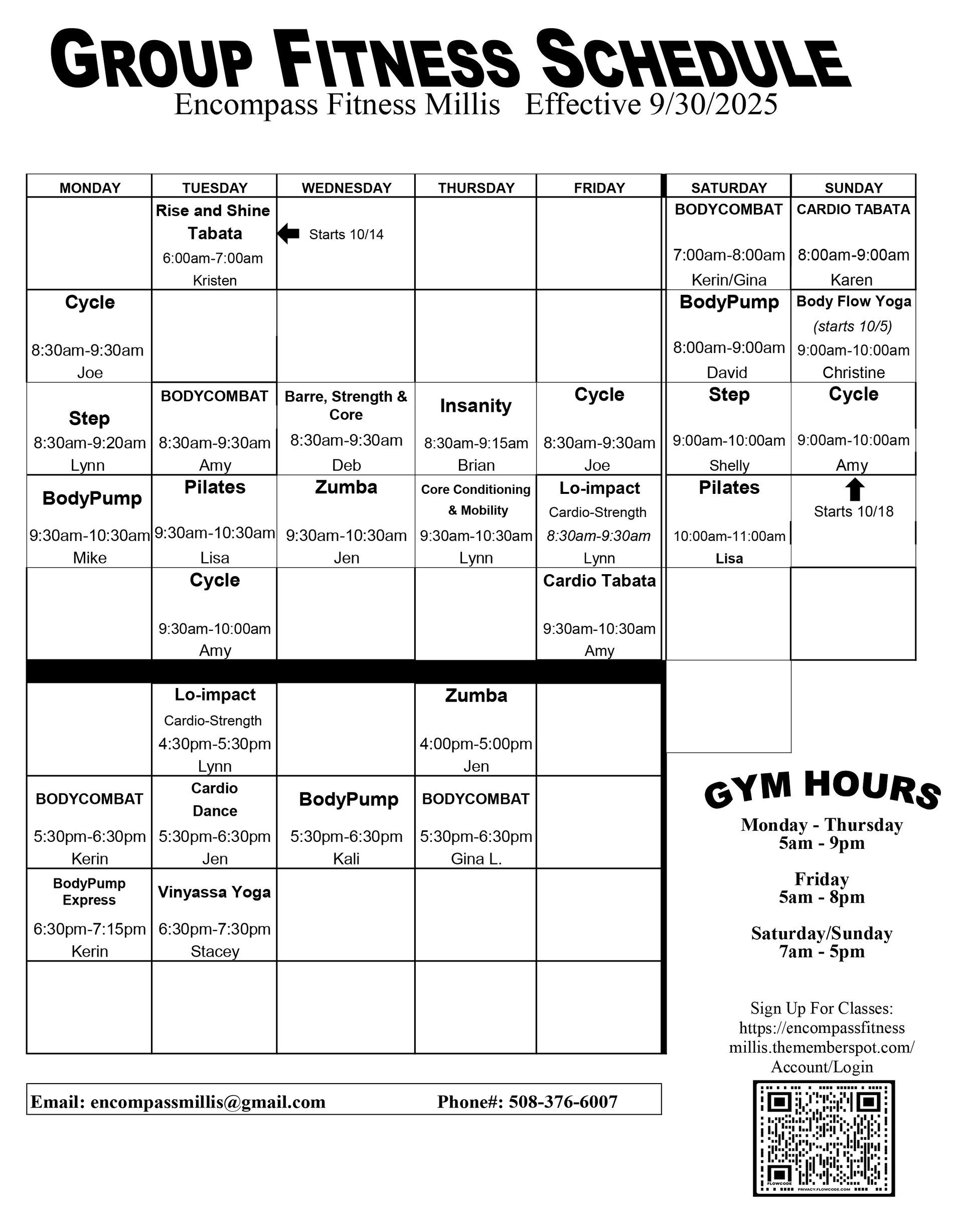 Millis Group Exercise Schedule