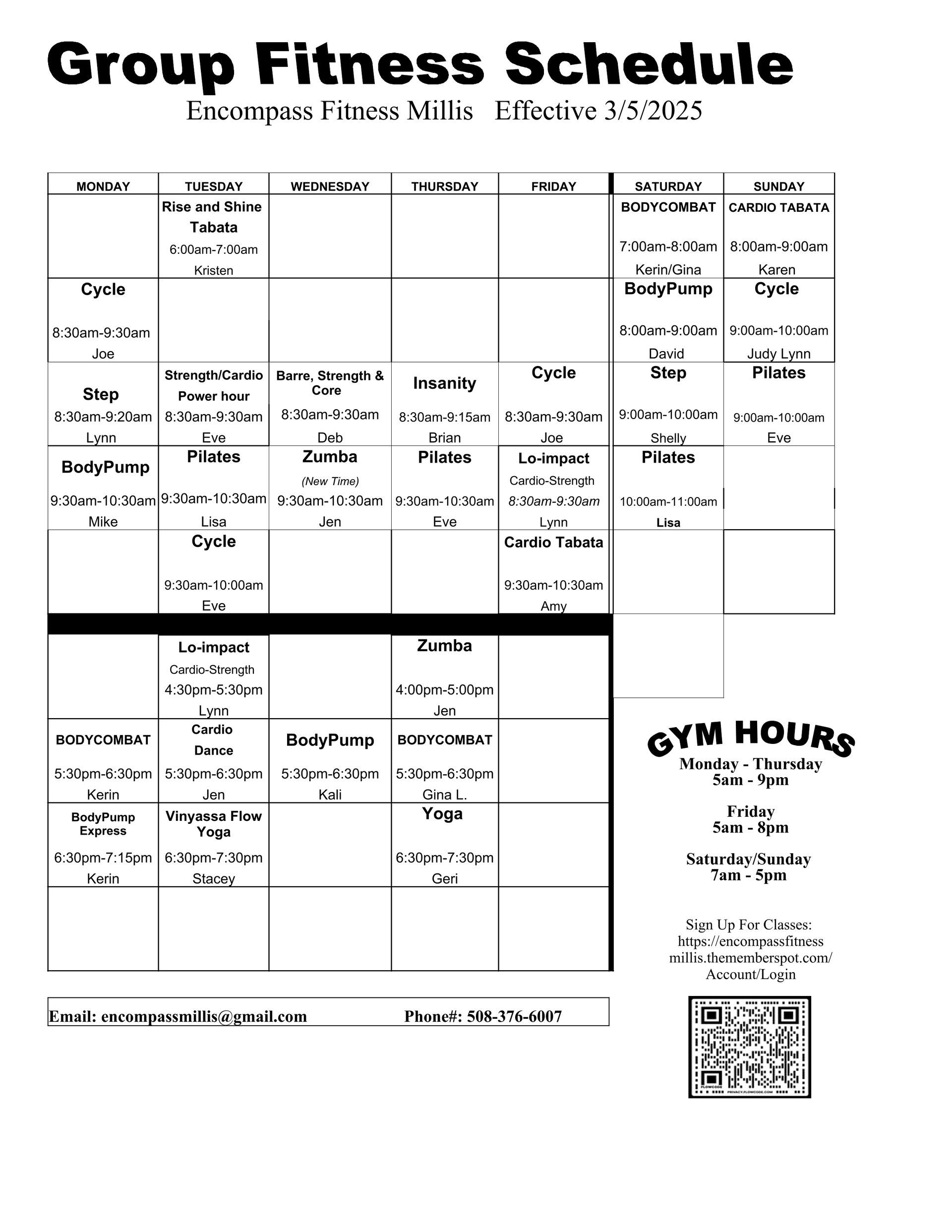Millis Group Exercise Schedule