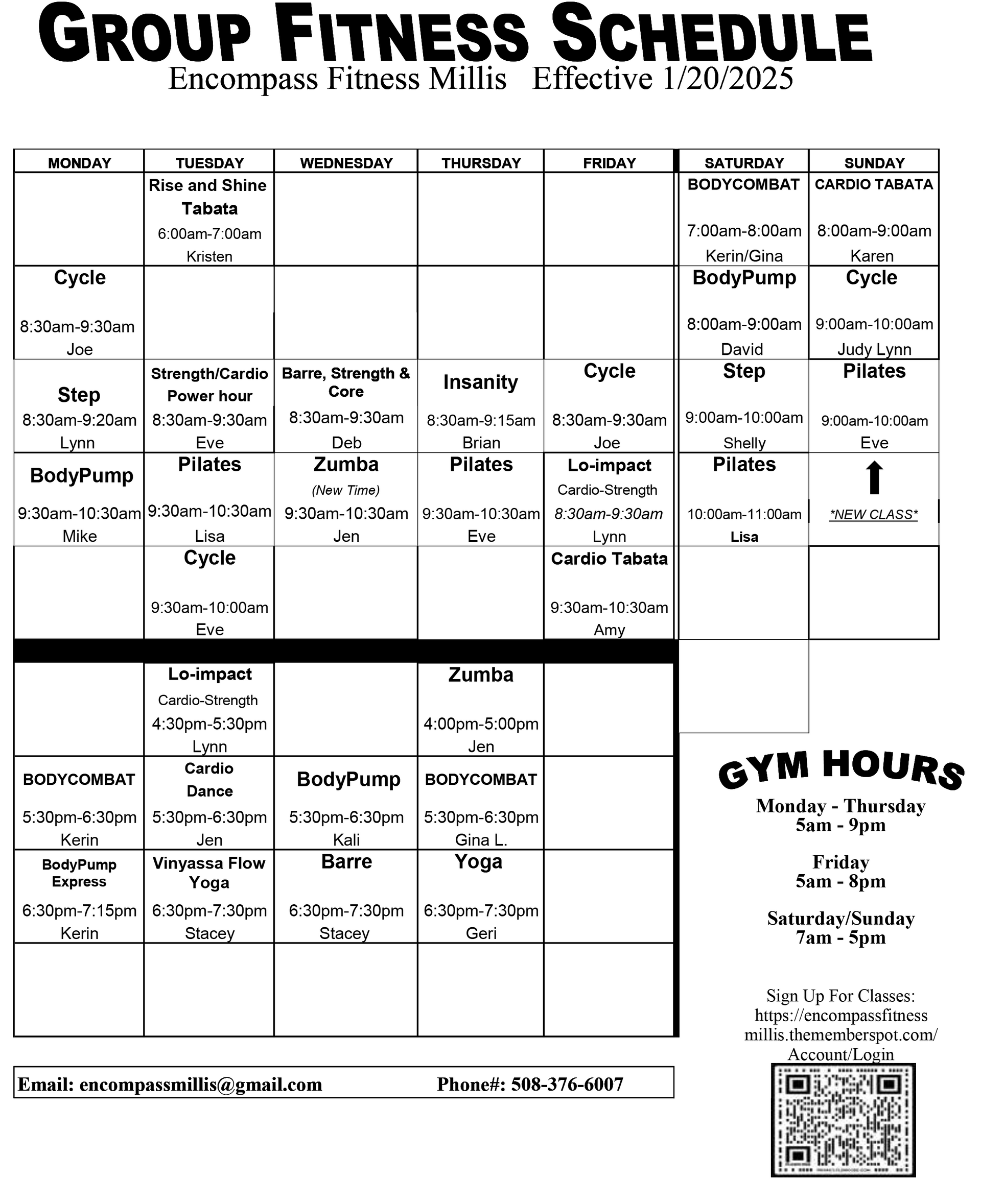 Millis Group Exercise Schedule