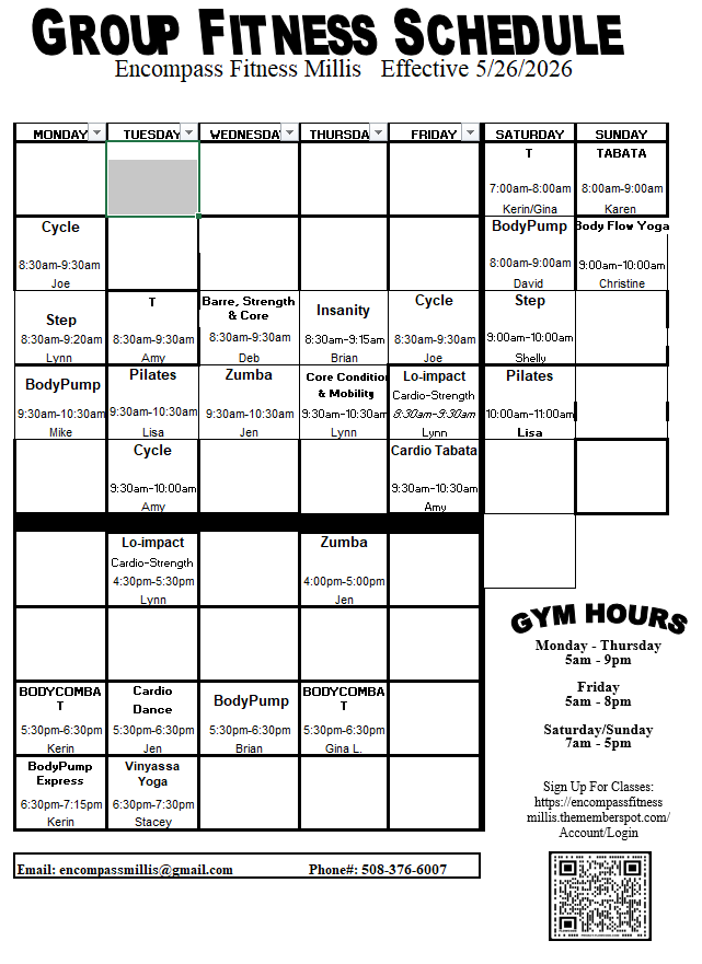 Millis Group Exercise Schedule