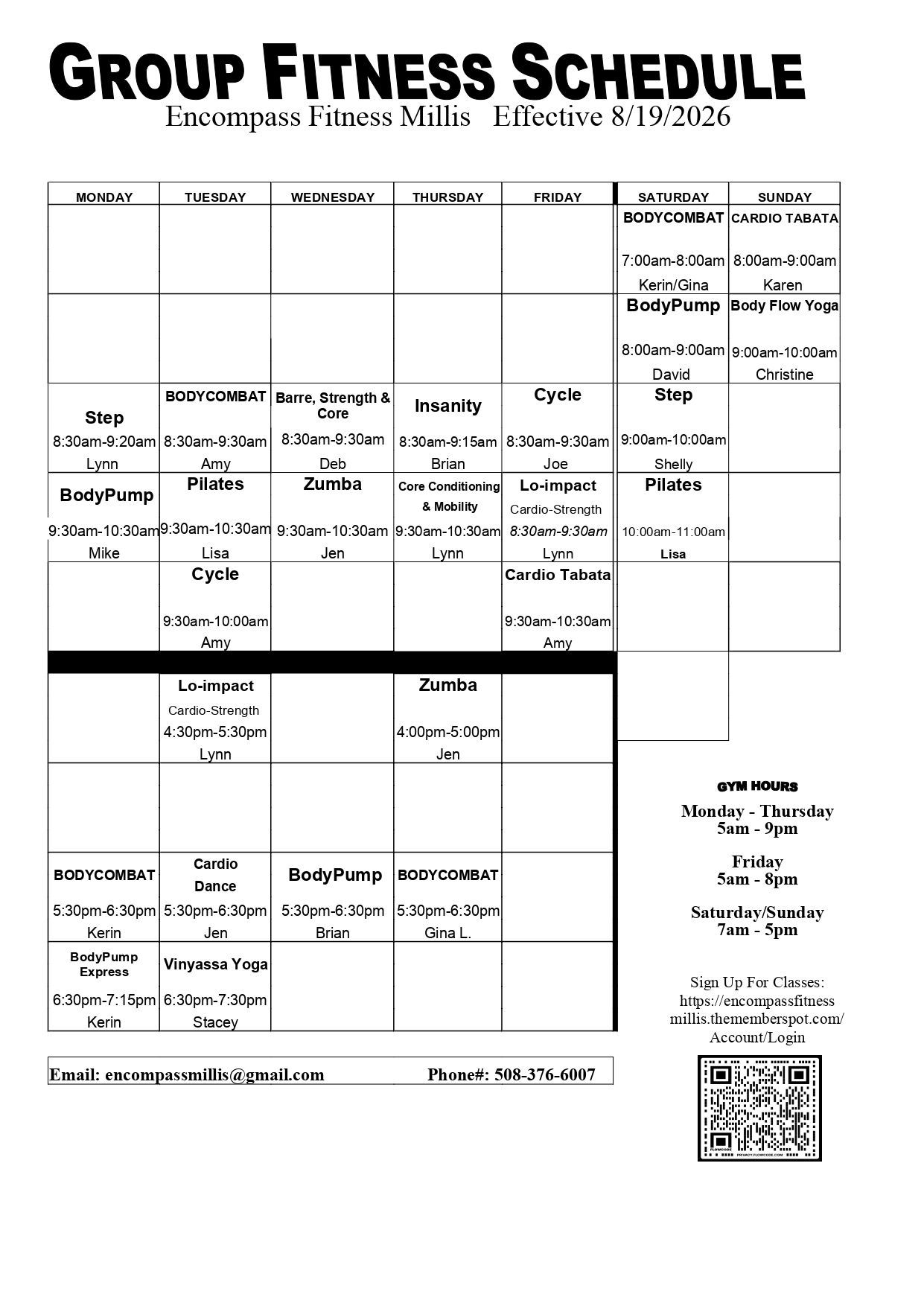 Group fitness schedule poster with class times in a grid and a QR code at the bottom.