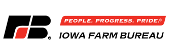 Iowa Farm Bureau logo with black and red icon and orange slogan “People. Progress. Pride.”