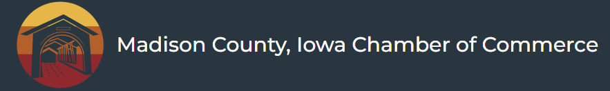 Madison County, Iowa Chamber of Commerce logo with red-orange circular emblem and white text on dark background