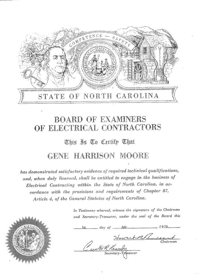 Board of Examiners of Electrical Contractors Certificate